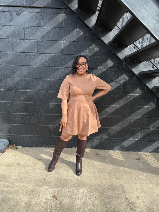 Women’s Short Sleeve Fit-and-Flare Dress in Tan - Picture 2 of 3